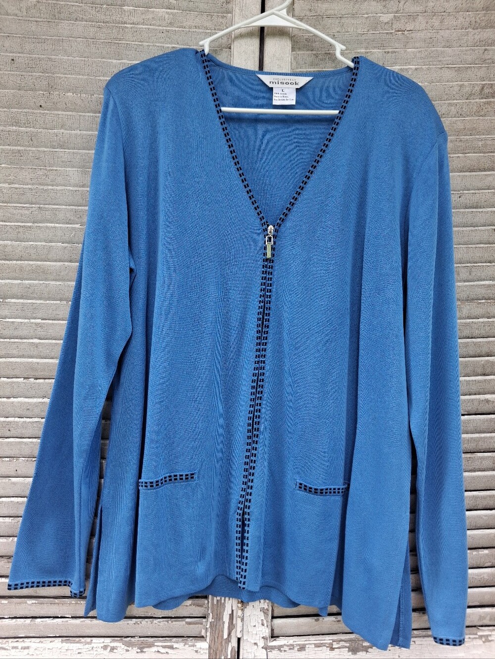 Exclusively Misook Blue Zip-Front Cardigan Sweater Size L - Contrast Trim Knit